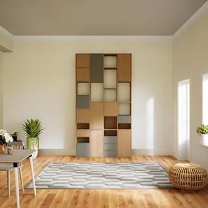 Schrankwand Eiche - Moderne Wohnwand: Schubladen in Grau & Türen in Eiche - Hochwertige Materialien - 156 x 291 x 34 cm, Konfigurator