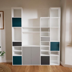 Schrankwand Grau - Moderne Wohnwand: Schubladen in Graphitgrau & Türen in Blaugrün - Hochwertige Materialien - 192 x 233 x 34 cm, Konfigurator