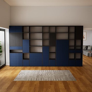 Schrankwand Hellgrau - Moderne Wohnwand: Schubladen in Blau & Türen in Blau - Hochwertige Materialien - 418 x 232 x 34 cm, Konfigurator