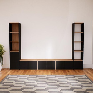 Schrankwand Schwarz - Moderne Wohnwand: Türen in Schwarz - Hochwertige Materialien - 303 x 196 x 34 cm, Konfigurator