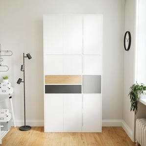 Schrankwand Weiß - Moderne Wohnwand: Schubladen in Graphitgrau & Türen in Weiß - Hochwertige Materialien - 115 x 233 x 34 cm, Konfigurator