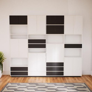 Schrankwand Weiß - Moderne Wohnwand: Schubladen in Graphitgrau & Türen in Weiß - Hochwertige Materialien - 300 x 258 x 34 cm, Konfigurator
