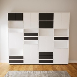 Schrankwand Weiß - Moderne Wohnwand: Schubladen in Graphitgrau & Türen in Weiß - Hochwertige Materialien - 300 x 258 x 34 cm, Konfigurator