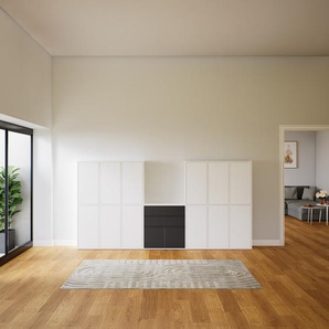 Schrankwand Weiß - Moderne Wohnwand: Schubladen in Graphitgrau & Türen in Weiß - Hochwertige Materialien - 308 x 156 x 34 cm, Konfigurator