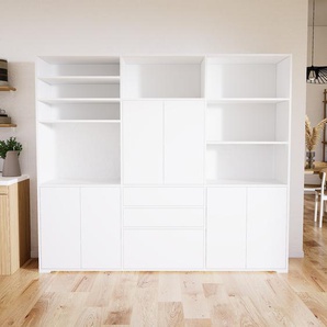 Schrankwand Weiß - Moderne Wohnwand: Schubladen in Weiß & Türen in Weiß - Hochwertige Materialien - 226 x 196 x 47 cm, Konfigurator