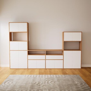 Schrankwand Weiß - Moderne Wohnwand: Schubladen in Weiß & Türen in Weiß - Hochwertige Materialien - 300 x 194 x 34 cm, Konfigurator