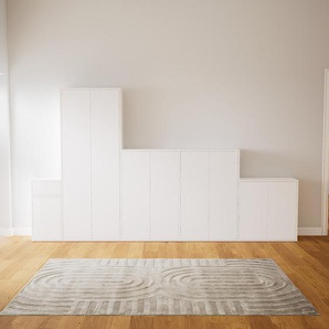 Schrankwand Weiß - Moderne Wohnwand: Schubladen in Weiß & Türen in Weiß - Hochwertige Materialien - 339 x 195 x 34 cm, Konfigurator