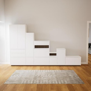 Schrankwand Weiß - Moderne Wohnwand: Schubladen in Weiß & Türen in Weiß - Hochwertige Materialien - 341 x 200 x 47 cm, Konfigurator