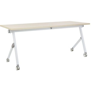 Schreibtisch Heller Holzfarbton u. Weiß 180 x 60 cm Klappbar Faltbar mit Rollen Mobil Bürotisch für Homeoffice Büro Modernes Design