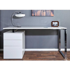Schreibtisch in Hochglanz Weiß und Chromfarben drei Schubladen