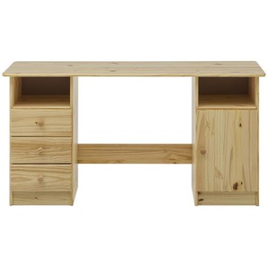 Schreibtisch Kiefern Holz, 3 Schubladen, 1 Tür, 2 offene Fächer - Bürotisch, Computertisch