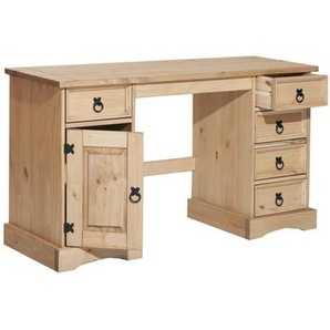 Schreibtisch Kiefern Holz, 5 Schubladen, 1 Tür - Bürotisch, Computertisch