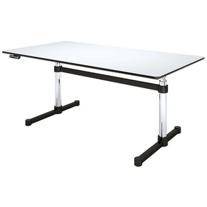 Schreibtisch Kitos, höhenverstellbar Gestell verchromt, Tischplatte Kunstharz perlgrau silber, Designer Prof. Fritz Haller, 65-130x175x75 cm