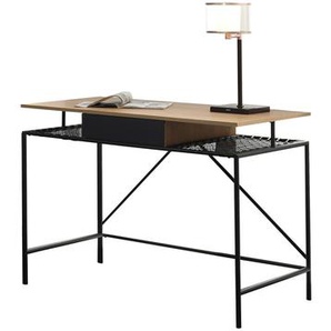 Schreibtisch Natur/Schwarz, mit Ablagefläche aus mattschwarzem Polyrattan - Bürotisch, Computertisch