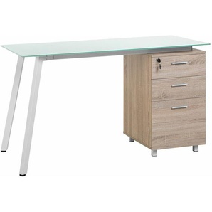 Schreibtisch Weiß mit Braun 130 x 60 cm mit Büroschrank in modernem Design