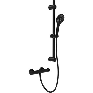Schütte Duschsystem BLACK, Höhe 70 cm, 3 Strahlart(en), Überkopfbrauseset mit Thermostat, höhenverstellbar