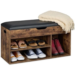 Schuhbank, Sitzbank mit Stauraum, 3 Fächer für Schuhe, hbt: 46x80x30 cm, Polsterbank Industrial, braun/schwarz - Relaxdays