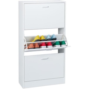 Schuhschrank, HxBxT: 113 x 60 x 24 cm, für 18 Paar, 3 Klappen, schmaler Schuhkipper, Flur Schuhkommode, weiß - Relaxdays