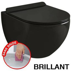 Coribi - Schwarzes, glänzendes, wandhängendes wc ohne Flansch unsichtbaren Befestigungen + ultradünner, abklappbarer Sitz + Fallbremse.