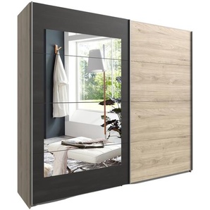 Schwebetürenschrank 2-türig 225cm Spiegel Kleiderstangen Einlegeböden Eiche Grau / 22006