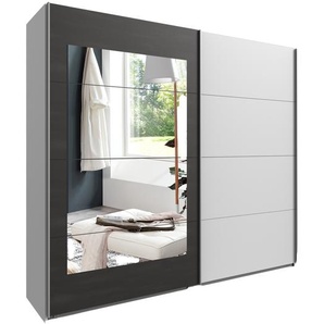 Schwebetürenschrank 2-türig 225cm Spiegel Kleiderstangen Einlegeböden Weiß Grau / 22005