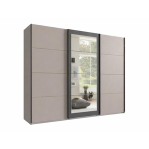 Schwebetürenschrank 3-türig mit Spiegel Kleiderstangen Einlegeböden in Sand Grau / 22007
