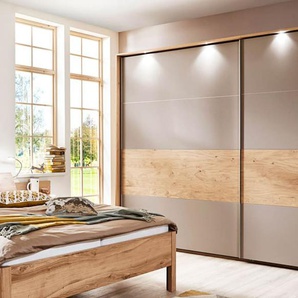 Schwebetürenschrank Amado 4030, Lack taupe/Wildeichefurnier, 301 x 229 cm