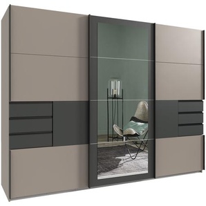 Schwebetürenschrank Kleiderschrank 270 cm 3-türig Schubladen Spiegel Sand Grau Grafit/ 22507