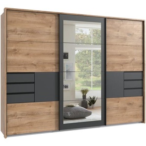 Schwebetürenschrank Kleiderschrank 273 cm Passepartout Schubladen Spiegel Eichendekor Grafit / 22506