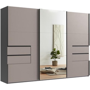 Schwebetürenschrank Kleiderschrank 300 cm Grafit, Schubladen Sand Grau m.Spiegel / 22057