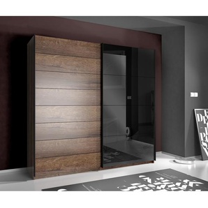 Schwebetürenschrank Oliver I 220 x 210 x 61cm Schwarz/Braun/Schlammeiche Dekor/Glas Schwarz