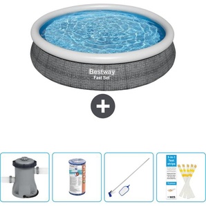 Schwimmbad Bestway runder aufblasbarer Fast-Set-Pool – Rattan-Druck – 366 x 76 cm – inklusive Pumpe Filter - Reinigungskit - Teststreifen 57445-Grau