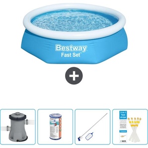 Schwimmbad Bestway runder aufblasbarer Fast-Set-Schwimmpool – 244 x 61 cm – Blau – inklusive Pumpe Filter - Reinigungskit - Teststreifen 57450-Blau