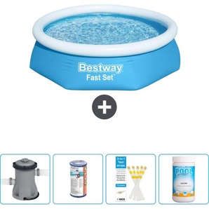 Schwimmbad Bestway runder aufblasbarer Fast-Set-Schwimmpool – 244 x 61 cm – Blau – inklusive Pumpe Filter - Teststreifen - Chlor 57450-Blau