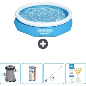 Schwimmbad Bestway runder aufblasbarer Fast-Set-Schwimmpool – 305 x 66 cm – Blau – inklusive Pumpe Filter - Reinigungskit - Teststreifen 57458-Blau