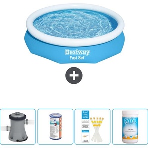 Schwimmbad Bestway runder aufblasbarer Fast-Set-Schwimmpool – 305 x 66 cm – Blau – inklusive Pumpe Filter - Teststreifen - Chlor 57458-Blau