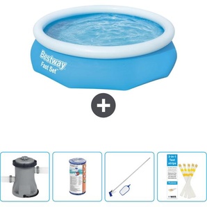Schwimmbad Bestway runder aufblasbarer Fast-Set-Schwimmpool – 305 x 76 cm – Blau – inklusive Pumpe Filter - Reinigungskit - Teststreifen 57270-Blau
