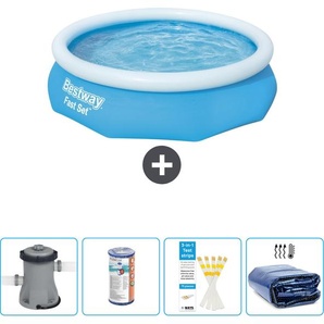 Schwimmbad Bestway runder aufblasbarer Fast-Set-Schwimmpool – 305 x 76 cm – Blau – inklusive Pumpe Filter - Teststreifen - Sonnensegel 57270-Blau