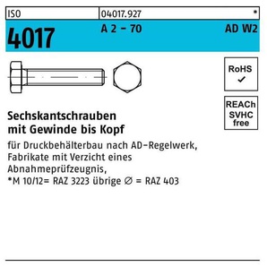 Sechskantschraube ISO 4017 VG M 12 x 65 A 2 - 70 AD-W2