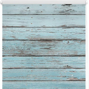 Seitenzugrollo LICHTBLICK ORIGINAL Klemmfix Motiv Bretter Vintage Rollos Gr. 150 cm, 120 cm, blau (petrol, weiß) Rollo Seitenzugrollo Rollos ohne Bohren bedruckt