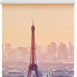 Seitenzugrollo LICHTBLICK ORIGINAL Klemmfix Motiv Eiffelturm Rollos Gr. 150 cm, 120 cm, orange (orange, weiß) Rollos ohne Bohren Rollo bedruckt