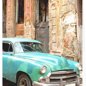 Seitenzugrollo LICHTBLICK ORIGINAL Klemmfix Motiv Kuba Rollos Gr. 150 cm, 100 cm, blau (türkis, braun, weiß) Rollos ohne Bohren Rollo bedruckt