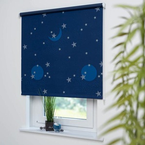Seitenzugrollo LIEDECO Sternenhimmel Rollos Gr. 180 cm, einseitig verschiebbar, 122 cm, blau (blau, gelb) Verdunkelungsrollos Rollo