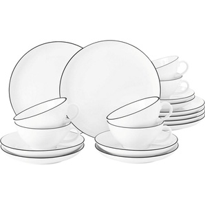 Seltmann Weiden Teeservice Geschirr-Set Lido Black Line (18-tlg), 6 Personen, Porzellan, Tassen, Untertassen, Teller,18 Teile, für 6 Personen, Made in Germany