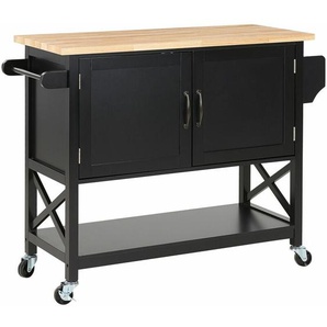 Servierwagen Schwarz Gummibaumholz mdf mit geräumigem Schrank und Seitengriffen auf Rollen Landhausstil Elegant Multifunktional Wonzimmer