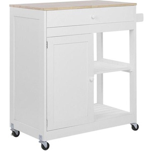 Servierwagen Weiß Kiefernholz Gummibaumholz mdf Platte 87 x 75 x 44 cm mit Schublade Schrank Ablage Griff Wohnzimmer Esszimmer