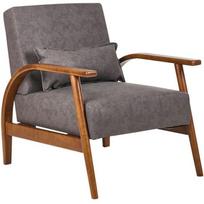 Sessel Braun Kunstleder mit 1 Dekokissen Armlehnen Tiefe Sitzfläche Retro-Design Wohnzimmer Schlafzimmer Flur Möbel Ausstattung Sitzmöbel