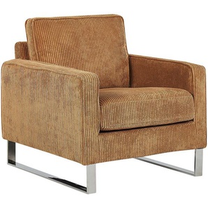 Sessel Hellbraun Cord Lederoptik Edelstahl Dicke Sitzfläche Retro-Stil Wohnzimmer