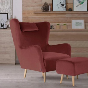 Sessel HOME AFFAIRE Telford auch in Fellimitat, B/T/H: 77/92/106 cm Gr. Samtoptik, incl. Hocker, B/H/T: 77 cm x 106 cm x 92 cm, rot Ohrensessel mit Hocker Sessel
