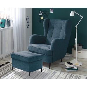 Sessel Marson Blau Webstoff Roge mit Hocker 78 x 102 x 98cm